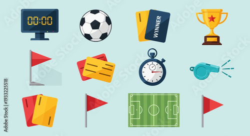 Collection of sports-related icons including soccer ball, tickets, and flags on a uniform background viewed from directly above