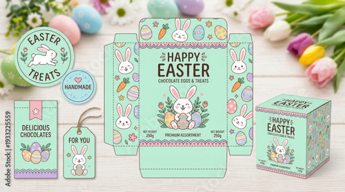Easter Packaging Template with Cute Bunny Illustrations and Chocolate Treats