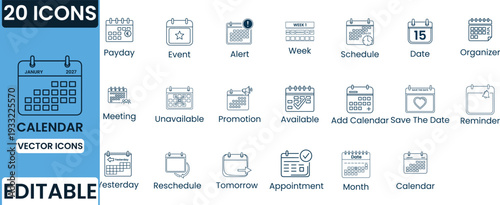 20 Editable Calendar Vector Icons Set – Modern Schedule, Event, Reminder, Appointment, Date, Planner and Organizer Line Icons Collection for UI, Web, App, Business, and Productivity Design Use