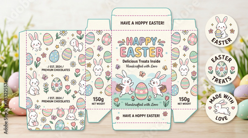 Easter Packaging Template with Cute Illustrations and Easter Eggs