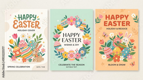 Easter Holiday Cards with Floral Designs and Rabbits