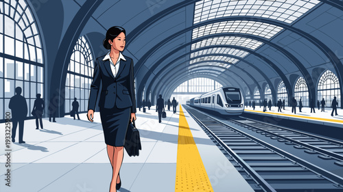 A businesswoman walking confidently on a train station platform with a modern train arriving
