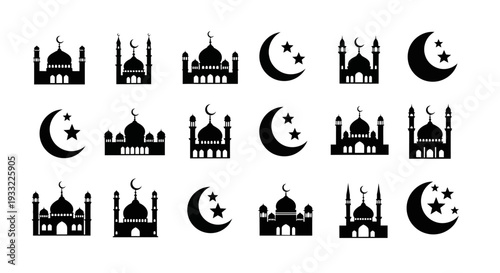 Islamic motifs crescent moons stars and mosque illustrations in black