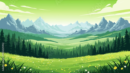 Vast Green Valley with Rolling Hills and Jagged Mountains Under a Bright Blue Sky with White Clouds