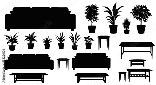 Black silhouettes of sofas plants and various furniture items arranged neatly