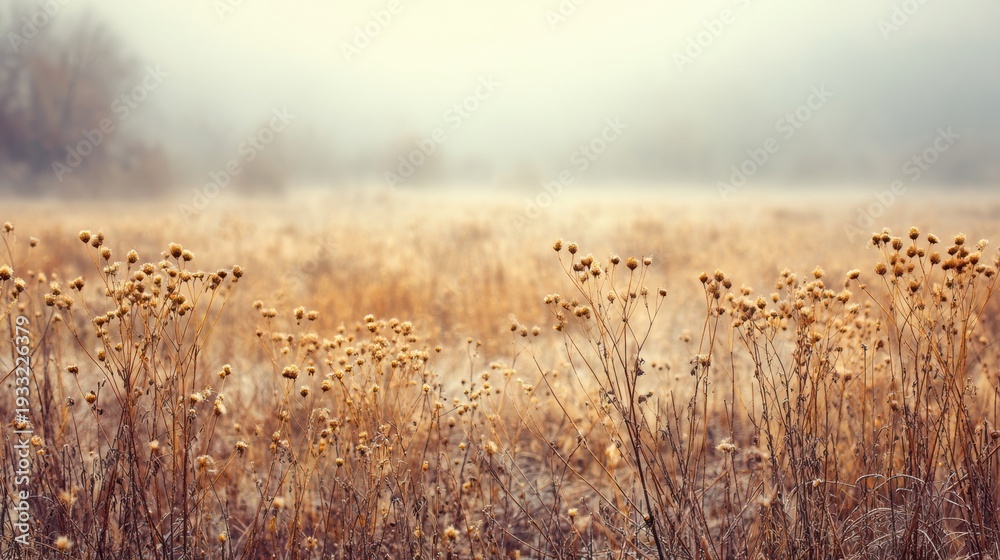 Obraz premium Empty Meadow in Fog During Morning Hours With Muted Colors and Gradient Background Offering Foreground Space for Text and Imagery
