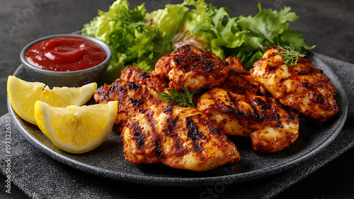 Grilled chicken breast pieces on a plate with lemon wedges and ketchup