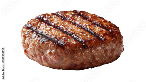 A grilled hamburger patty with grill marks on a transparent background, cooked and ready to eat