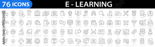 E-learning icon set. Online education icon set. Thin line icons set. Distance learning. Containing video tuition, e-learning, online course, audio course, educational website. Vector illustration
