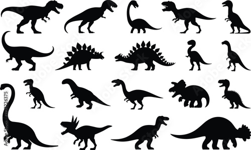 Large collection of dinosaur silhouettes in various poses isolated on white background, prehistoric reptile vector illustration set for educational design