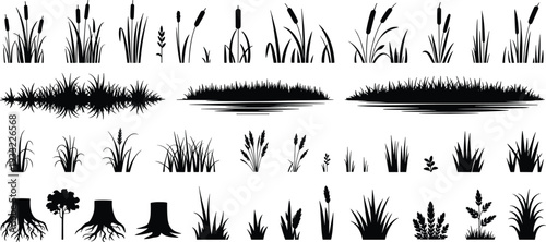 Grass, reed and pond silhouettes collection with cattails, bushes and tree stumps isolated on white background, black nature vector set for landscape design