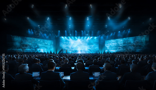 A large audience watches a brightly lit stage with blue lights in a darkened auditorium or concert hall setting