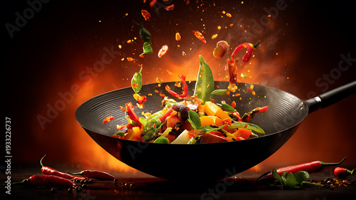 A large black wok with stirfried vegetables and chili peppers flying out