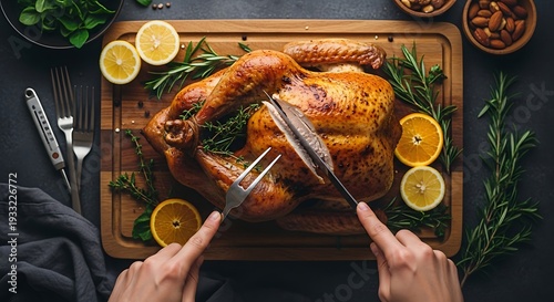 Hands carving a roasted turkey on a wooden cutting board with lemons and herbs