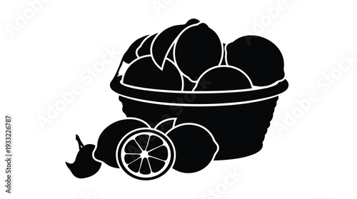 Fresh lemon fruits in basket with citrus slices black silhouette vector design