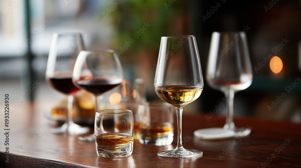 Obraz premium Selection of wine and whiskey glasses on wooden table in warm light 