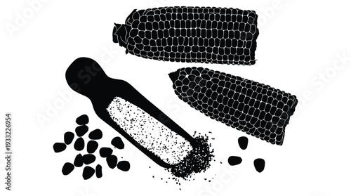 Corn cobs and scoop of kernels isolated on transparent background vector illustration