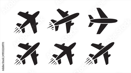 Black airplane silhouette icons set for airline travel and flight design projects ✈️