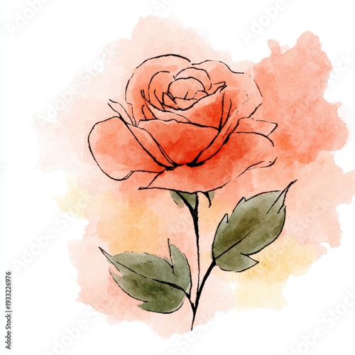 A rose in a watercolor brush stroke outline.