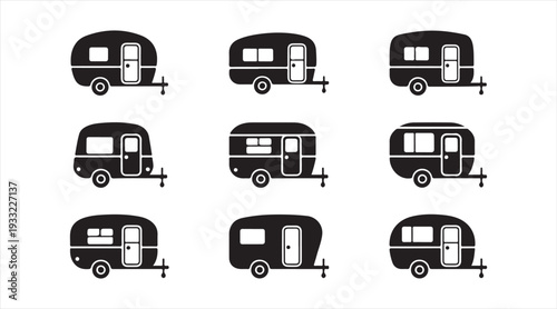 Camping caravan silhouette set for road trip tourism and recreational vehicle designs