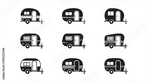 Caravan trailer silhouettes isolated on white background camper travel icon collection