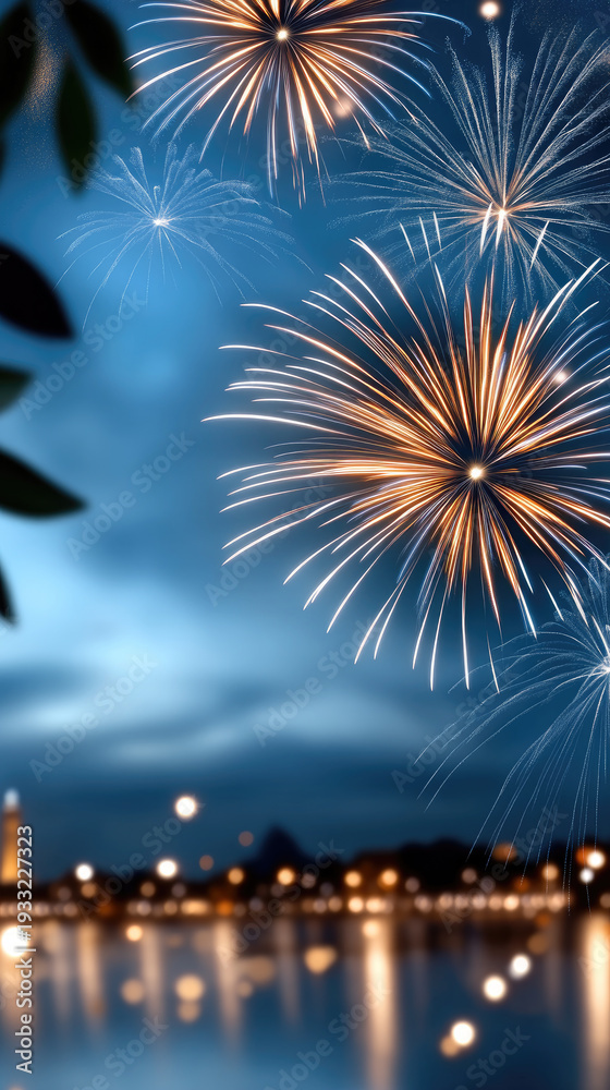 Fototapeta premium Explosive pyrotechnic display illuminating a dark night sky above a glowing city shoreline, reflecting vibrant light on still water, creating a dazzling scene of celebration and festivity