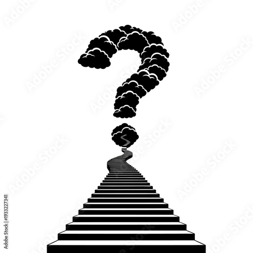 A mysterious staircase leads to a question mark in the sky