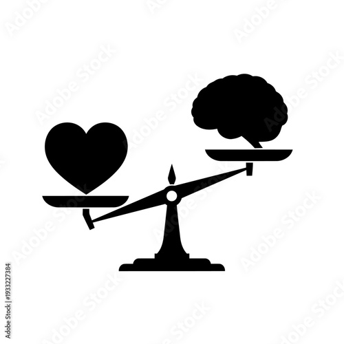 A black silhouette of a scale balancing a heart and a brain