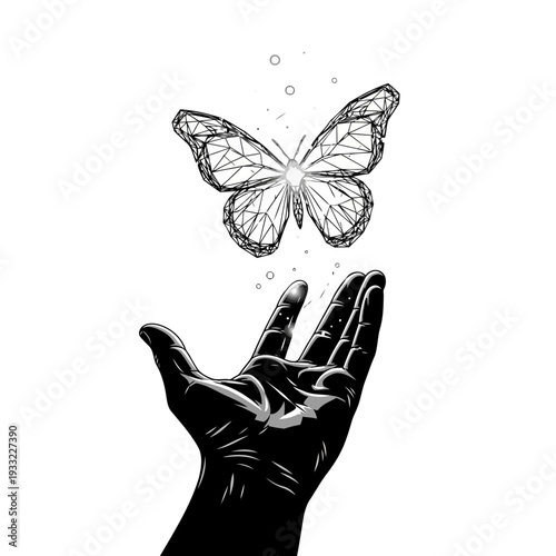 A hand releasing a butterfly into the air with bubbles rising