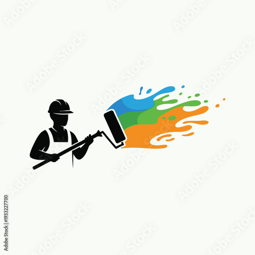 Professional painter working with roller and colorful paint splash creative design on plain background, showing expertise and artistic touch