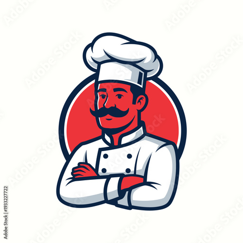Chef with mustache and white hat, arms crossed, red circle background illustration