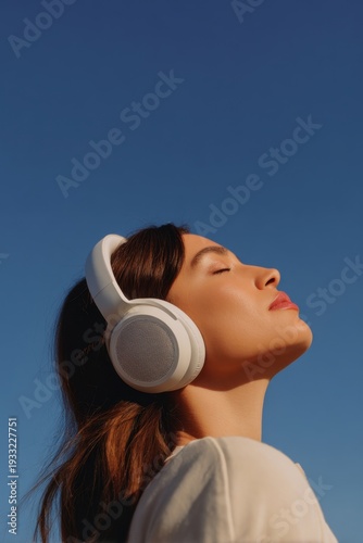 A woman wearing white over-ear headphones.