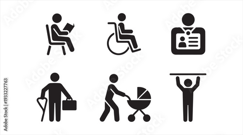 Black people activity symbol set for accessibility work and lifestyle illustration designs