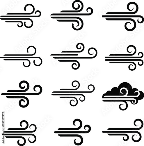 Collection of stylized wind icons in various designs and patterns