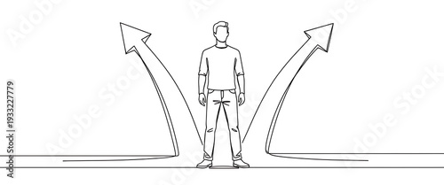 Man standing at a crossroads with arrows pointing in different directions representing choices and decisions