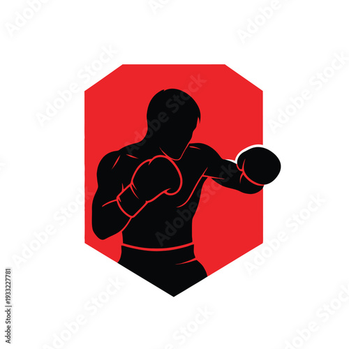 Silhouette of boxer in red shield, delivering a punch with black gloves illustration
