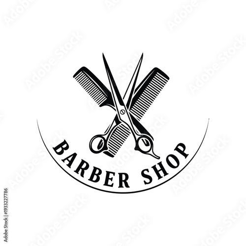 Classic barber shop logo with crossed scissors and combs inside curved line representing service and expertise
