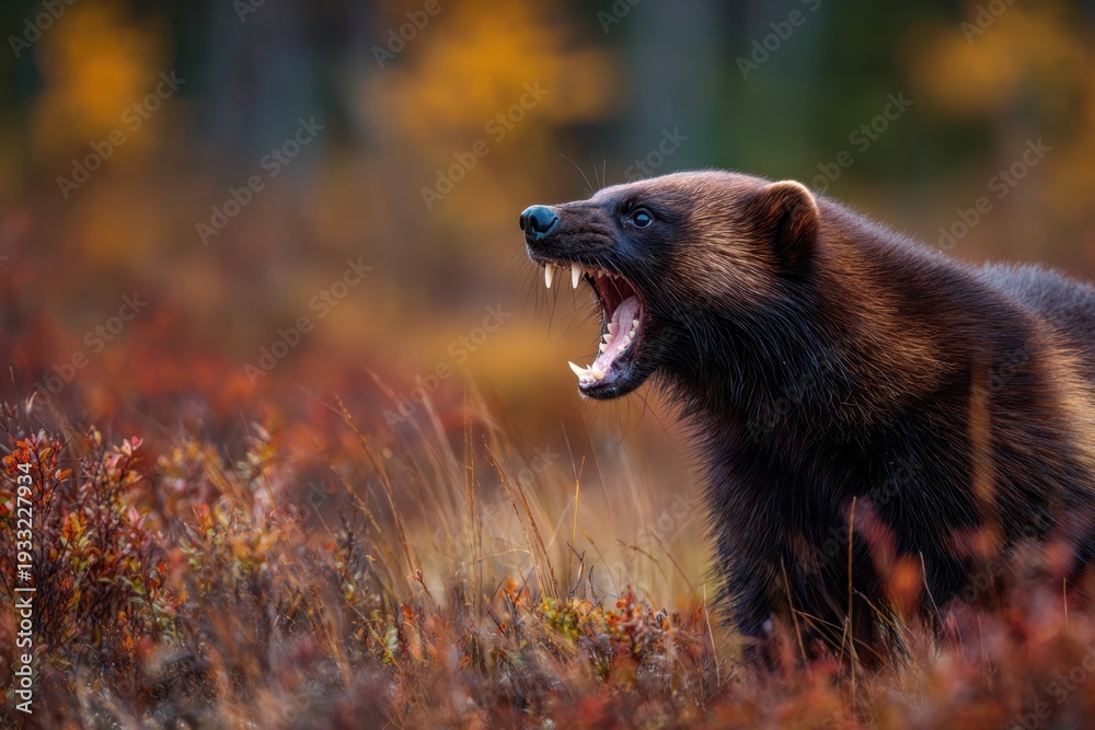 Fototapeta premium Angry wolverine in the wild. 