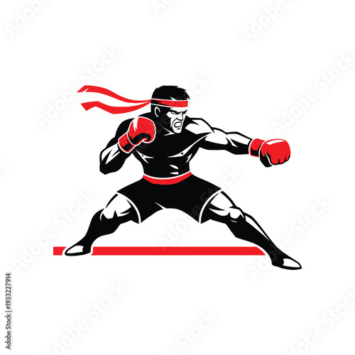 Fighter in aggressive stance with red headband and boxing gloves ready to punch illustration