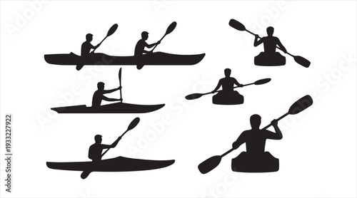Kayaking silhouette collection with paddlers rowing boats outdoor recreation concept
