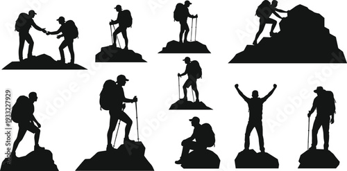 Hiker silhouettes set with backpackers trekking, climbing and celebrating on mountain peaks isolated on white background, black adventure vector collection for outdoor design