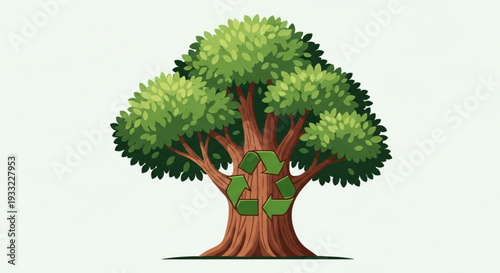 Large tree with green leaves and recycling symbol on transparent background