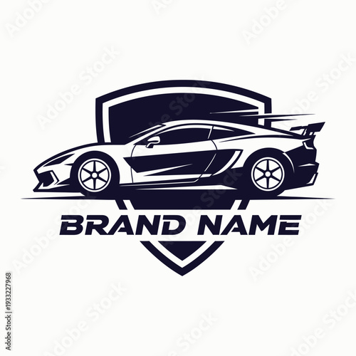 Sleek sports car emblem with racing shield and brand name text area promoting automotive performance speed and luxury for car enthusiasts