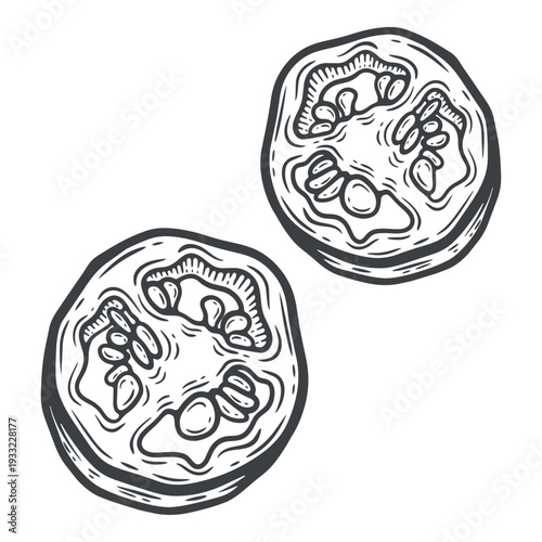 Cut pieces of chilli pepper, sliced rings, circles of hot spice with seeds, black and white illustration, engraving isolated