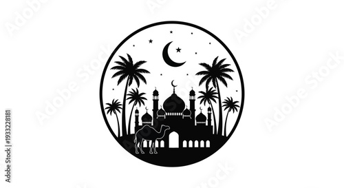 A serene nighttime desert landscape featuring palm trees a mosque and a camel all in silhouette high quality
