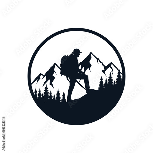 Hiking adventure logo featuring silhouette of backpacker climbing mountain peak within circular frame for outdoor exploration or trekking club emblem design isolated on white background