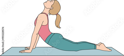 Woman doing yoga cobra pose on mat, stretching back and chest, fitness exercise, healthy lifestyle, flexibility training, flat vector illustration for wellness, balance, body care