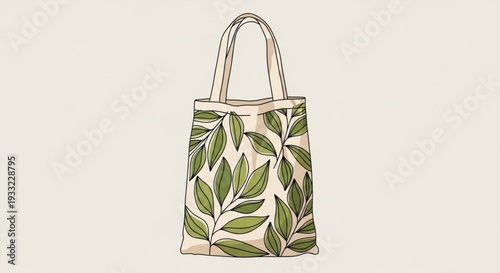 Green leaf patterned tote bag on transparent background with handles