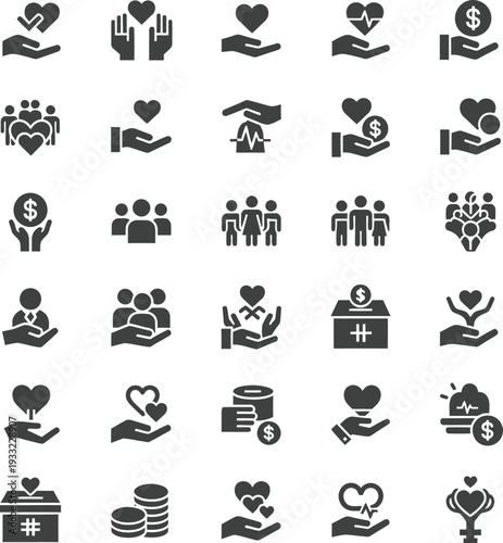 Black icons of people helping each other and charitable giving