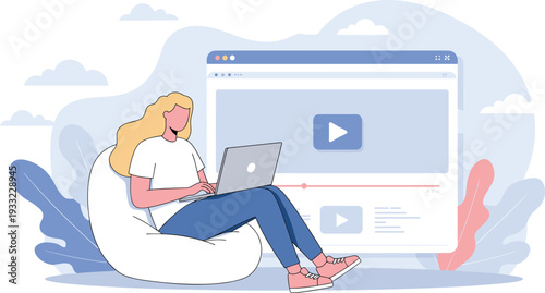 Woman watching video on laptop while sitting on bean bag, vector illustration for online learning, streaming content, remote work, relaxation, digital media, internet lifestyle